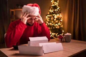 man opening christmas credit card bills